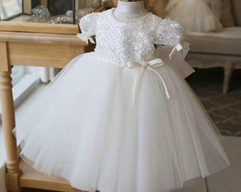 luxury Baby Girl Baptism Dress, White Girl Pearl Beads Princess Dress, Baby Pageant Dress, White Toddler Dress, First Birthday Party Dress