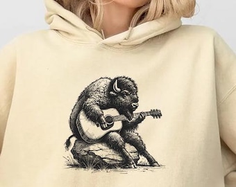 Maglietta Bison che suona la chitarra - Comfort Color® - Maglietta Western Country Rock, Maglietta per gli amanti della musica folk rustica, Regalo per chitarristi acustici Buffalo