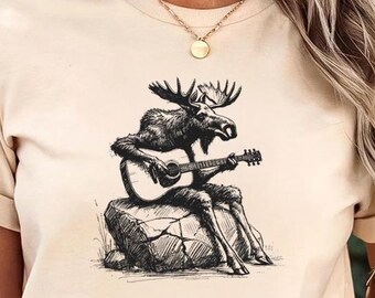 Maglietta Moose Playing Guitar - Comfort Color® - Maglietta per amanti della musica folk rustica, maglietta acustica per esterni, maglietta regalo Country Rock