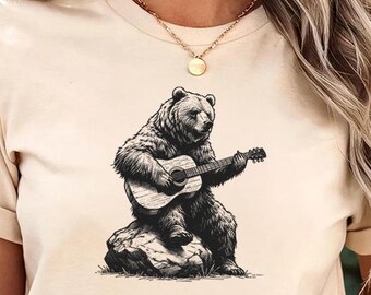 Maglietta con orso che suona la chitarra - Comfort Color® - Graphite Sketch Animal Art, regalo per gli amanti della musica, maglietta per musicisti all'aria aperta, maglietta in stile rustico