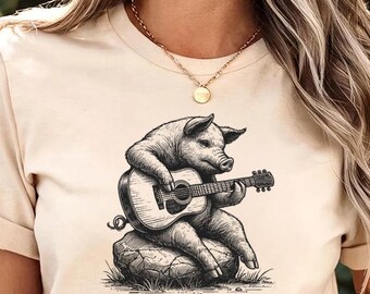 Maglietta con maiale che suona la chitarra - Comfort Color® - Maglietta con musica country rustica, maglietta per gli amanti degli animali da fattoria, regalo di musica folk acustica, maglietta con animali da fattoria