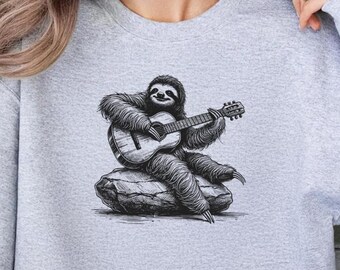 Maglietta bradipo che suona la chitarra - Comfort Color® - Maglietta con musica acustica rilassante, maglietta divertente con musica lenta, regalo di musica indie, regalo bradipo per lei