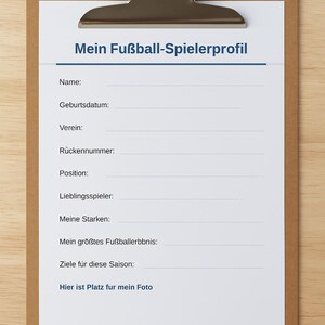 Perfil de futbolista para rellenar – Plantilla PDF para imprimir para niños y jóvenes – recuerdo, regalo y diversión