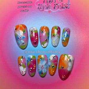 Colorful blooming flowers press on nails | Spring faux nails | Customized press on nails | Handpainted nails | Gift for her