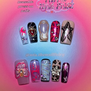 Rock Angel press on nails | charm press ons | black and pink nails | 3d press on nails | birthday nails | custom press ons