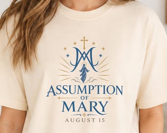 Assumption of Mary Catholic Crewneck T-Shirt with Religious Graphic