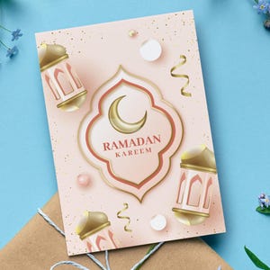 Cute Ramadan Kareem Card with Lanterns, Adorable Pink and Gold Design, Islamic Holiday Greeting Card, Muslim Gift, Set of 1, 10, or 20 Cards