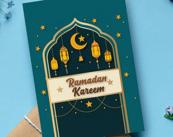 Ramadan Kareem Card with Arched Window and Lanterns, Green and Gold Islamic Holiday Card, Muslim Gift, Set of 1, 10, or 20 Cards