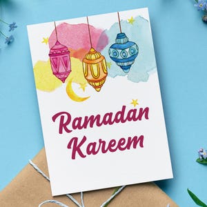 Cute Watercolor Ramadan Kareem Card with Lantern Design, Adorable Islamic Greeting Card, Perfect for Fasting Month, Set of 1, 10, or 20