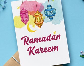 Cute Watercolor Ramadan Kareem Card with Lantern Design, Adorable Islamic Greeting Card, Perfect for Fasting Month, Set of 1, 10, or 20