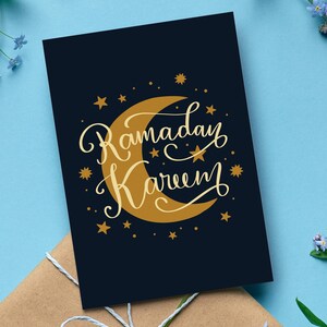 Calligraphy Ramadan Kareem Card with Dark Blue Background and Yellow Moon, Elegant Islamic Greeting Card, Muslim Gift, Set of 1, 10, or 20
