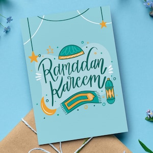 Hand-Drawn Light Blue Ramadan Kareem Card, Adorable Islamic Greeting Card, Perfect Muslim Gift, Set of 1, 10, or 20