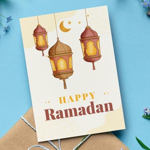 Cute Happy Ramadan Card with Lantern Design, Adorable Islamic Greeting Card, Muslim Gift, Handmade Keepsake, Set of 1, 10, or 20