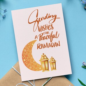 Sending Wishes for a Peaceful Ramadan Card with Crescent Moon, Adorable Islamic Greeting Card, Muslim Gift, Set of 1, 10, or 20