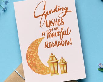 Sending Wishes for a Peaceful Ramadan Card with Crescent Moon, Adorable Islamic Greeting Card, Muslim Gift, Set of 1, 10, or 20