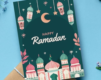 Cute Green Happy Ramadan Card, Adorable Islamic Greeting Card, Perfect Muslim Gift for the Holy Month, Set of 1, 10, or 20