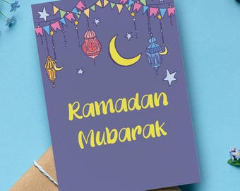 Cute Watercolor Ramadan Kareem Card with Lantern Design, Adorable Islamic Greeting Card, Perfect for Fasting Month, Set of 1, 10, or 20