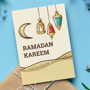 Cute Hand-Drawn Ramadan Kareem Card in desert | Adorable Islamic Holiday Greeting Card, Muslim Gift, Set of 1, 10, or 20 Cards