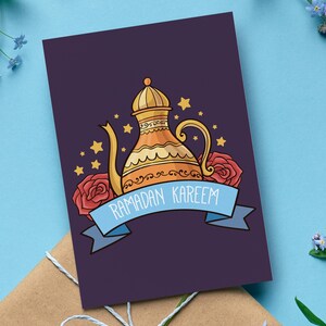 Cute Hand-Drawn Ramadan Kareem Card with Lanterns, Adorable Islamic Holiday Greeting Card, Muslim Gift, Set of 1, 10, or 20 Cards