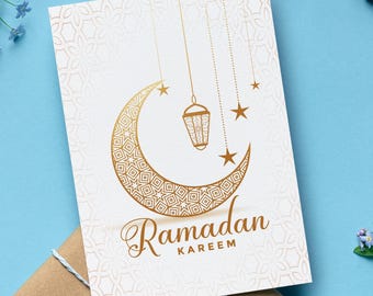 Ramadan Kareem Card with Crescent Moon & Lantern, White and Gold Islamic Holiday Greeting Card, Muslim Gift, Set of 1, 10, or 20 Cards