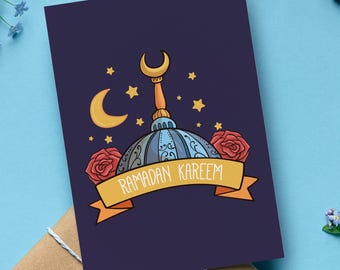 Cute Ramadan Card with Mosque Dome, Adorable Islamic Greeting Card, Muslim Gift for Ramadan, Set of 1, 10, or 20 Cards