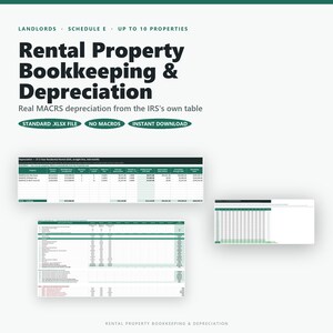 May include: A digital spreadsheet template for rental property bookkeeping and depreciation. The document features the text Rental Property Bookkeeping & Depreciation, with tables showing MACRS depreciation data, property lists, and financial columns.
