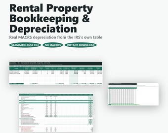 May include: A digital spreadsheet template for rental property bookkeeping and depreciation. The document features the text Rental Property Bookkeeping & Depreciation, with tables showing MACRS depreciation data, property lists, and financial columns.