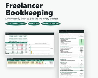 May include: A digital bookkeeping spreadsheet for self-employed individuals, featuring a dashboard, income and invoice tracking, and a quarterly estimated tax calculator. The interface displays tables, charts, and financial data for Excel and Google Sheets.