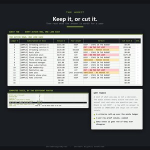 May include: A digital budget audit spreadsheet template with a dark background. The main table lists subscription services with columns for annual costs, decisions to keep or cut, and a verdict. Includes summary sections for computed totals.