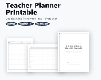 May include: A printable teacher planner featuring 156 pages and 10 sections. The document includes a monthly calendar, a weekly lesson grid, and a cover page titled The Everything Teacher Planner. It is undated and available in US Letter and A4 sizes.