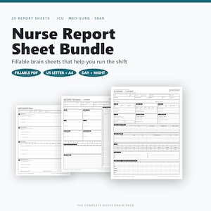 May include: A digital bundle of 20 nurse report sheets featuring fillable PDF templates for ICU, Med-Surg, and SBAR documentation. The sheets are available in US Letter and A4 sizes, designed for day and night shifts to assist with patient care.