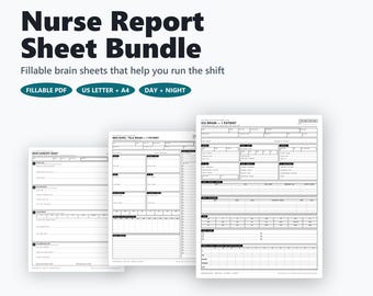 May include: A digital bundle of 20 nurse report sheets featuring fillable PDF templates for ICU, Med-Surg, and SBAR documentation. The sheets are available in US Letter and A4 sizes, designed for day and night shifts to assist with patient care.