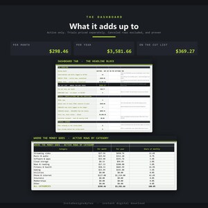May include: A digital dashboard interface featuring financial data tables with dark backgrounds and lime green text. The layout includes summary boxes for monthly and annual totals, a detailed headline block, and a category breakdown table.
