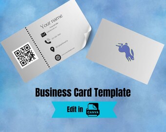May include: A business card template with a gray background and a QR code. The text "Your name" is at the top of the card. The card also includes a phone number, email address, and website address. The template is editable in Canva.