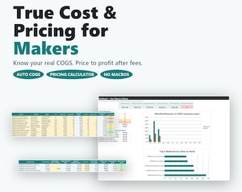 May include: A digital spreadsheet template for Excel and Google Sheets titled True Cost & Pricing for Makers. It features 10 linked tabs, an auto COGS calculator, and pricing tools. The interface displays data tables, revenue charts, and inventory tracking.