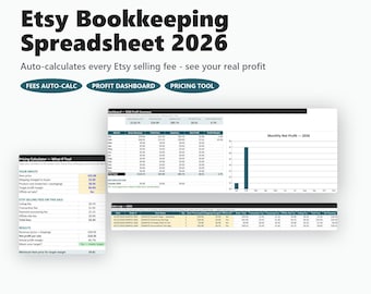 May include: A digital bookkeeping spreadsheet for Etsy sellers for the year 2026. The interface includes a profit summary dashboard, a monthly net profit bar chart, a sales log, and a pricing calculator tool for auto-calculating selling fees.