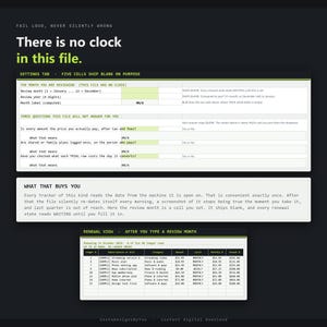 May include: A digital spreadsheet template for subscription tracking with a dark background and lime green text. The interface includes sections titled Settings Tab, What That Buys You, and Renewal View, featuring tables for ledger data and input fields.