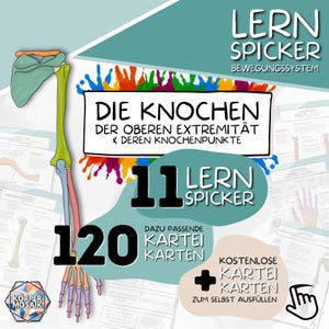 Aide-mémoire d'apprentissage de l'anatomie colorée « Os des membres supérieurs » | 11 aide-mémoire d'apprentissage + 120 flashcards | Téléchargement PDF | Fiche d'étude sur les soins infirmiers en médecine