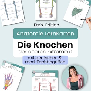 Tarjetas didácticas de anatomía a color: «Huesos de la extremidad superior» | 10 tarjetas en 4 variantes | Alemán, términos técnicos y tarjetas en blanco | Medicina y enfermería