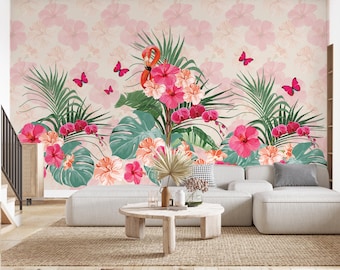 Tropical Flamingo Wallpaper Mural, Pink Floral Jungle Wall Art, Hibiscus Palm Leaf Decor, Exotic Botanical Living Room Bedroom Accent