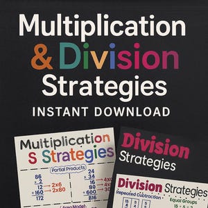 Peut inclure: Téléchargement numérique éducatif présentant des stratégies de multiplication et de division. L'image affiche deux feuilles de calcul avec des exemples de produits partiels, de modèles de zone et d'algorithmes standard. Le texte comprend "Téléchargement instantané".