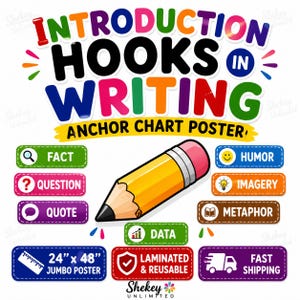 May include: A colorful educational anchor chart poster titled INTRODUCTION HOOKS IN WRITING featuring a central yellow pencil graphic. It lists writing techniques including FACT, QUESTION, QUOTE, HUMOR, IMAGERY, METAPHOR, and DATA. It measures 24 inches by 48 inches.