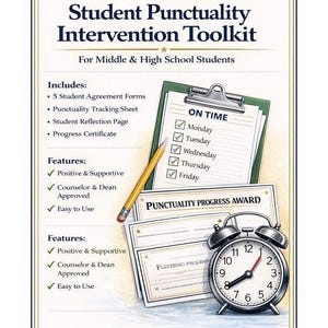 Könnte beinhalten: Illustration eines "Student Punctuality Intervention Toolkits" für Schüler der Mittel- und Oberstufe. Das Bild zeigt einen Klemmbrett mit einer Checkliste, einen Bleistift, einen Wecker und Fortschrittszertifikate. Das Toolkit umfasst Schülervereinbarungsformulare, ein Tracking-Sheet und eine Reflexionsseite.