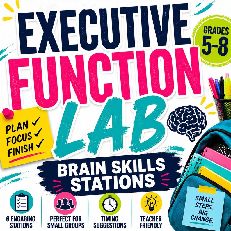 以下が含まれることがあります： グレード5-8向けの教育リソース「Executive Function Lab Brain Skills Stations」。Plan, Focus, Finishと書かれた黄色い付箋、脳のアイコン、Small Steps. Big Change.と書かれたメモが付いたティールブルーのバックパックが特徴です。