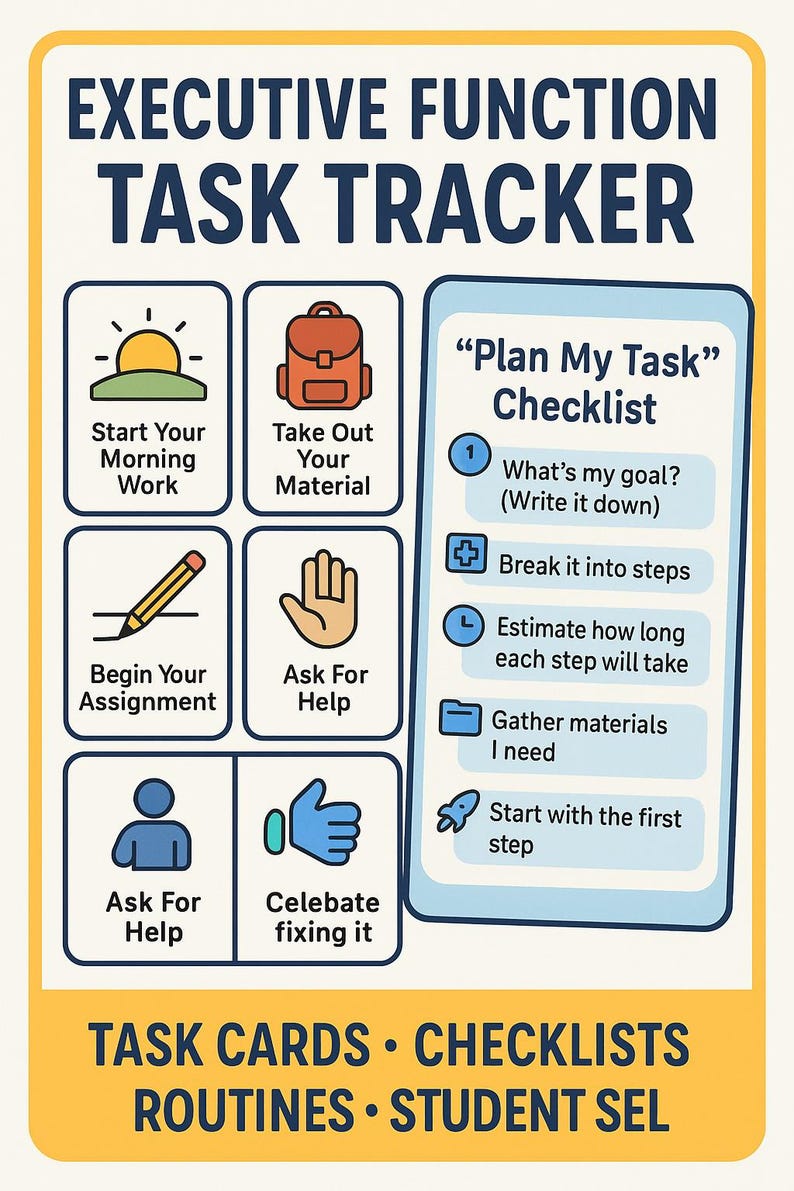 May include: An educational task tracker titled "Executive Function Task Tracker." It includes a checklist with steps such as "What's my goal?" and icons representing morning work, materials, assignments, and seeking assistance. The bottom text reads "Task Cards &bull; Checklists &bull; Routines &bull; Student SEL."