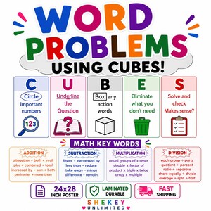 May include: A 24x28 inch educational poster titled WORD PROBLEMS USING CUBES! featuring the CUBES acronym strategy for math. It includes sections for addition, subtraction, multiplication, and division keywords, with colorful icons and clear text.