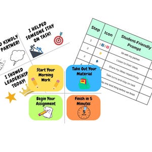 May include: An educational chart with text and icons in various colours. The chart includes prompts such as "Start Your Morning Work" and "Take Out Your Material." A checklist with student-friendly prompts is also visible.