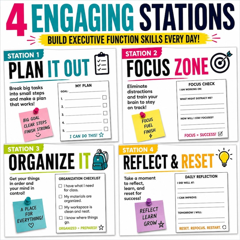 以下が含まれることがあります： 4 ENGAGING STATIONS BUILD EXECUTIVE FUNCTION SKILLS EVERY DAY!というタイトルの4部構成の教育用ポスター。Plan It Out、Focus Zone、Organize It、Reflect & Resetの各セクションがあり、チェックリスト、付箋、アイコンが記載されています。