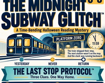 May include: A Halloween ELA mystery experience for grades 6-8 titled The Midnight Subway Glitch. The graphic features a dark blue subway train, a clock at 11:59, and the text The Last Stop Protocol, Three Clues. One Way Home.