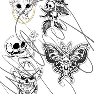 May include: Five black and white line art stickers featuring a skull wearing a cowboy hat, a skull with a moth, a skull with a snail, a skull on a branch, and a hairless cat.